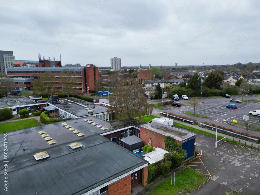 Aerial View of Central Borehamwood London City of England During Cloudy and Rainy Day, England UK. April 4th, 2024