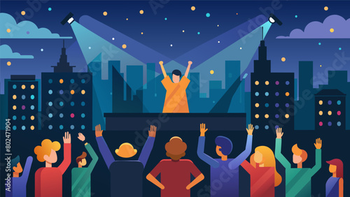 As the show comes to an end the rooftop is filled with cheers and applause the city lights ling in the background as the perfect finale.. Vector illustration