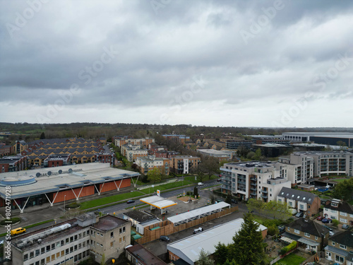 Aerial View of Central Borehamwood London City of England During Cloudy and Rainy Day, England UK. April 4th, 2024 © Altaf Shah