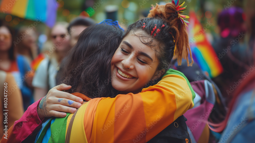 A defiant gesture depicted as a couple of women hug boldly at the rally, their embrace a symbol of resistance against discrimination and prejudice, as they demand equal rights and