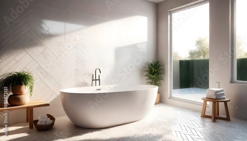 Perspective view on sunny modern interior design bathroom with herringbone ceramic tales bath zone © Zulfi_Art