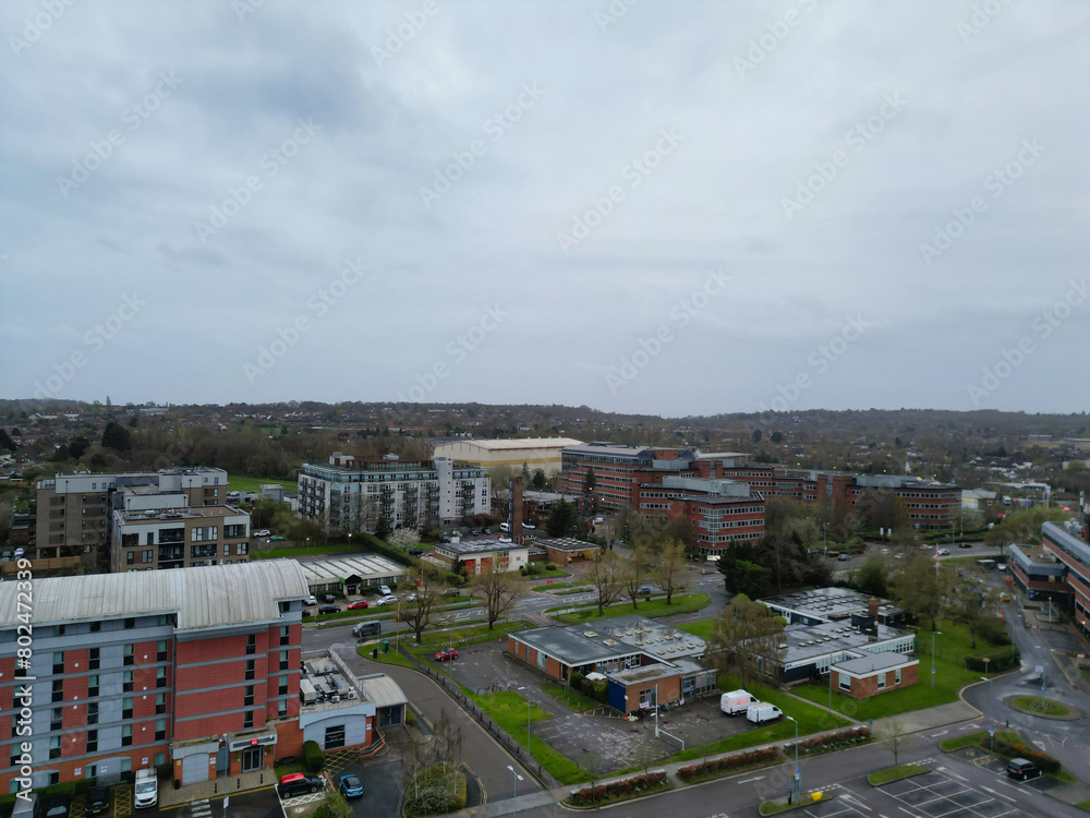 Fototapeta premium Aerial View of Central Borehamwood London City of England During Cloudy and Rainy Day, England UK. April 4th, 2024