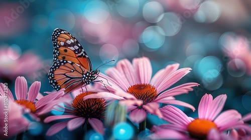   A close-up of a butterfly perched on a flower, with the background featuring softly blurred lights and a blurred bouquet of flowers in the foreground © Nadia