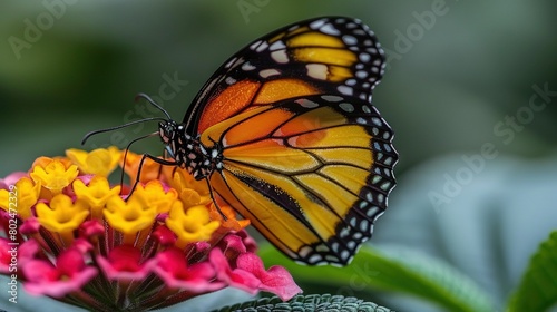   A detailed image of a butterfly resting on a flower with surrounding flora in the foreground and an out-of-focus background © Nadia