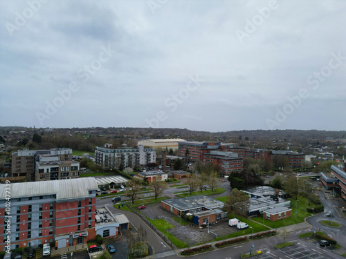 Aerial View of Central Borehamwood London City of England During Cloudy and Rainy Day  England UK. April 4th  2024