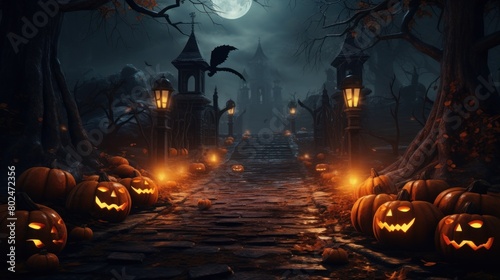 halloween background with pumpkins and bats photo