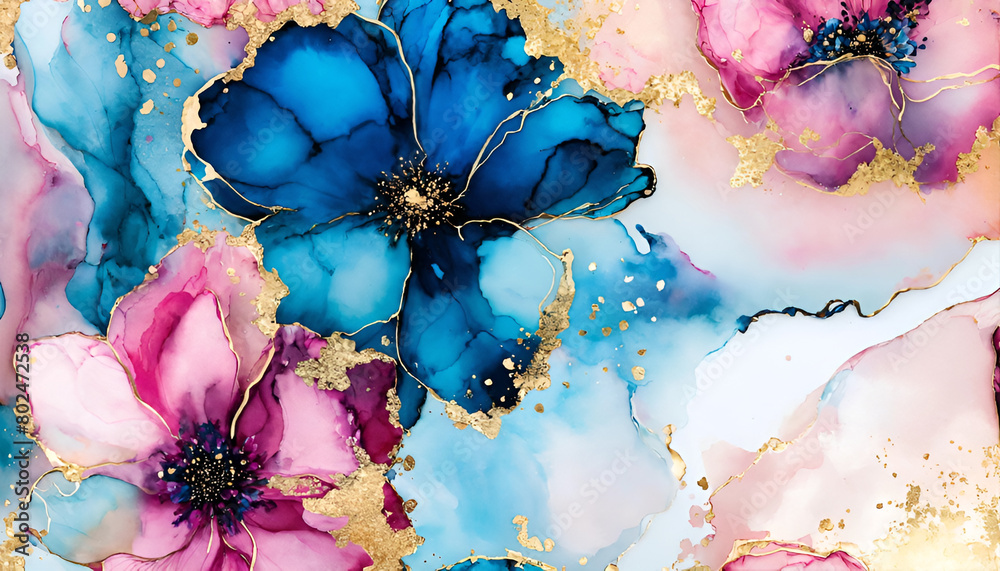 Elegant blue and pink flowers alcohol ink background with gold glitter