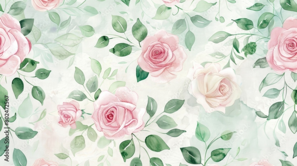 A whimsical watercolor design featuring light pink and mint green roses with trailing vines and leaves..