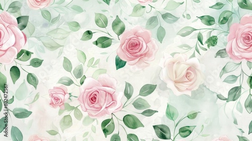 A whimsical watercolor design featuring light pink and mint green roses with trailing vines and leaves.. © Justlight