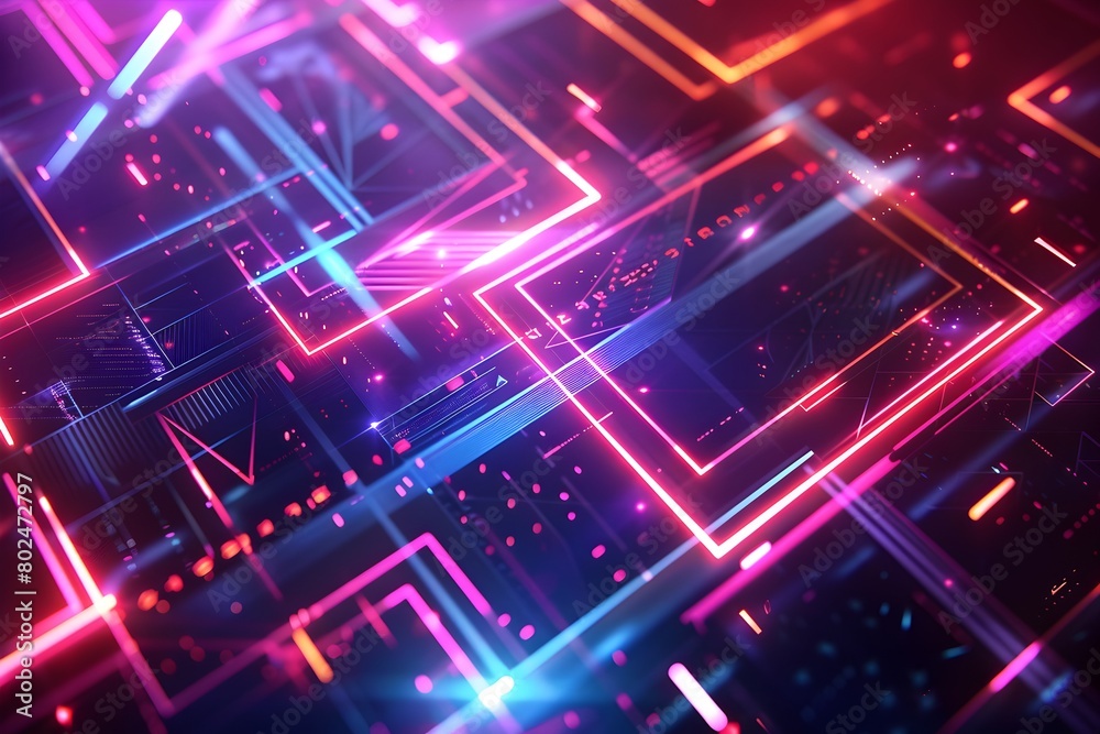 Abstract background with geometric shapes and neon lights, creating an atmosphere of futuristic technology and innovation Digital illustration with detailed textures and glowing effects for design use Abstract background with geometric shapes and neon lights, creating an atmosphere of futuristic technology and innovation Digital illustration with detailed textures and glowing effects for design use