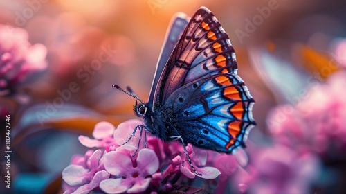  A close-up photo of a butterfly on a flower with pink blossoms in the foreground and a blurred background