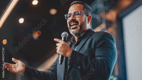 Excited Hispanic preacher giving motivational speech to business people from stage in conference hall photo