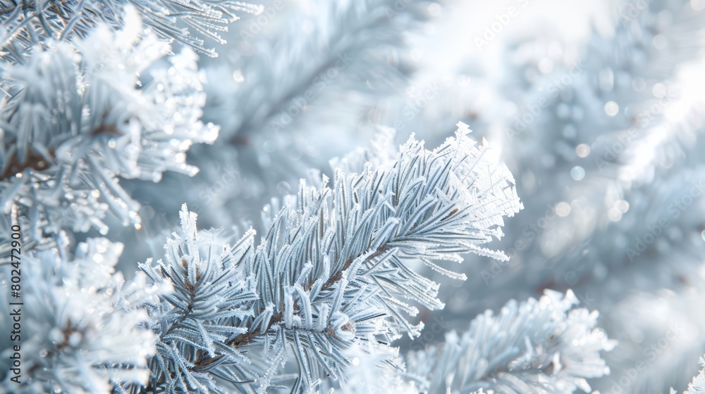 A close-up image of frosted pine needles, each needle delicately coated in a sparkling layer of frost A close-up image of frosted pine needles, each needle delicately coated in a sparkling layer of frost