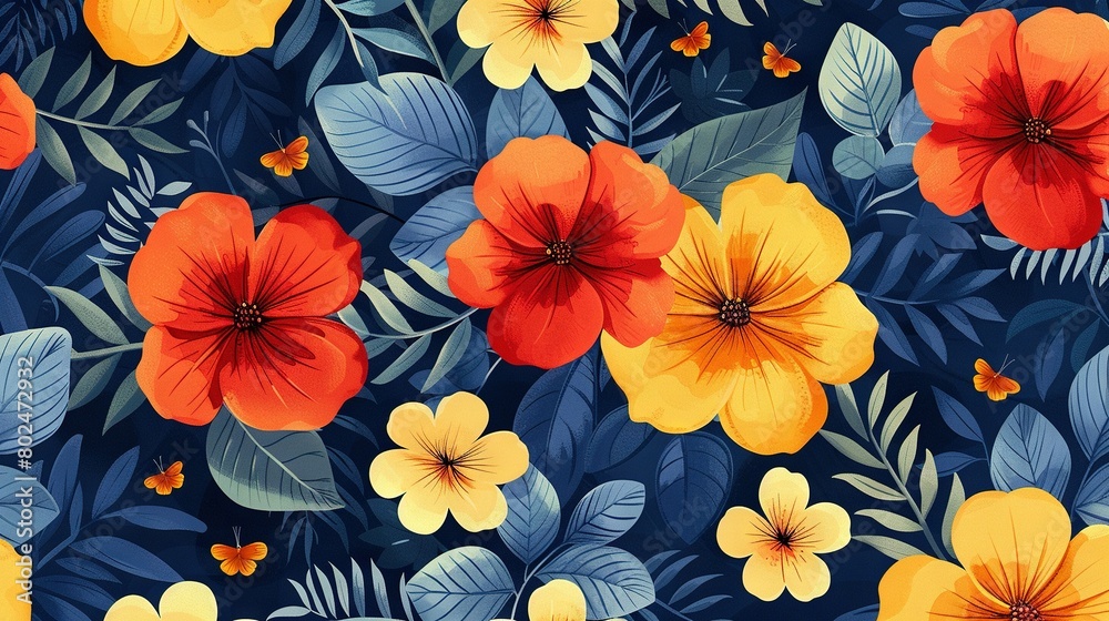 Blue background with flowers and leaves in shades of orange, yellow, and red, featuring a butterfly on the right side Blue background with flowers and leaves in shades of orange, yellow, and red, featuring a butterfly on the right side
