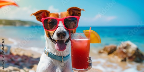 A dog drinks a cocktail on the beach wearing sunglasses