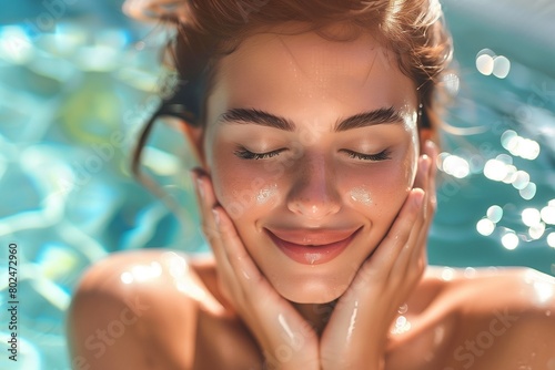 A dewy-skinned woman basks in the joy of summer, her beautiful face radiating with wellness by the pool