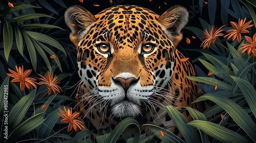 Illustration of a jaguar in the jungle  surrounded by plants and flowers
