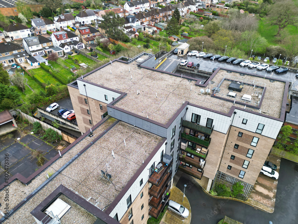 Fototapeta premium Aerial View of Central Borehamwood London City of England During Cloudy and Rainy Day, England UK. April 4th, 2024