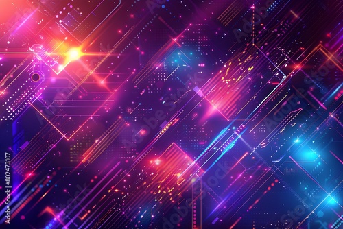 Abstract background with geometric shapes and neon lights, creating an atmosphere of futuristic technology and innovation Digital illustration with detailed textures and glowing effects for design use