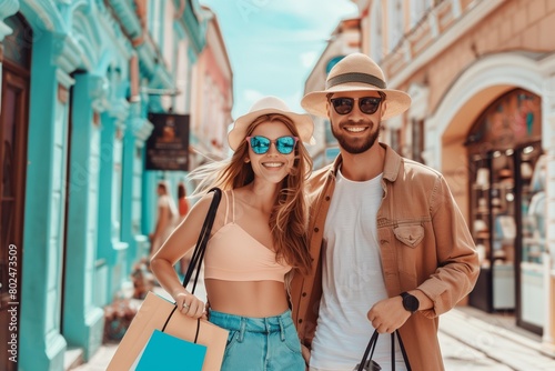 Happy beautiful young couple holding shopping bags walking on city street - Two loving tourists having fun on weekend vacation - Holidays and shopping concept
