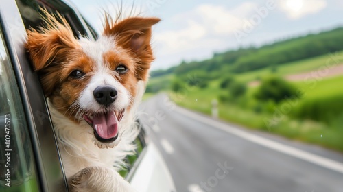 happy dog with head out of the car window having fun photo