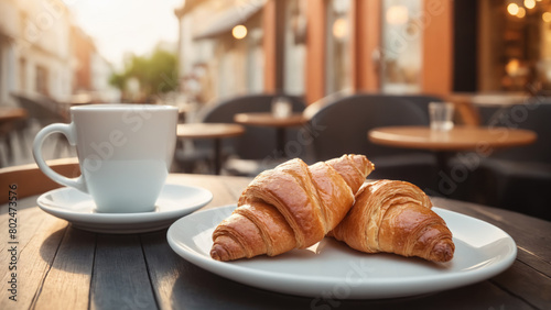  Aromatic coffee cup and fresh croissant on wooden table in cozy coffee shop or restaurant interior blurred background. Continental morning breakfast. 