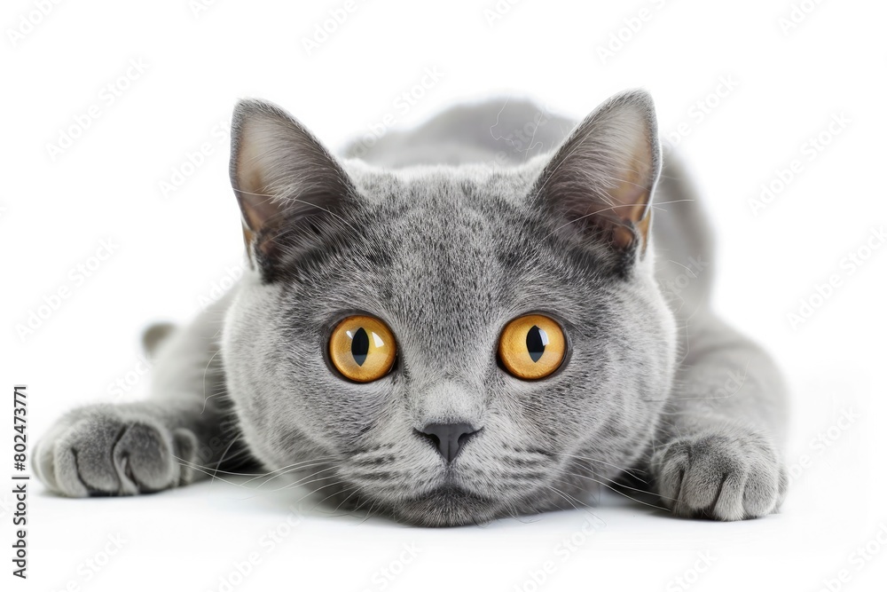 A British Shorthair cat with gray fur and yellow eyes is looking forward with white background