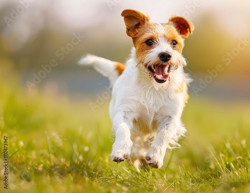 A happy and energetic dog running joyfully through the grass