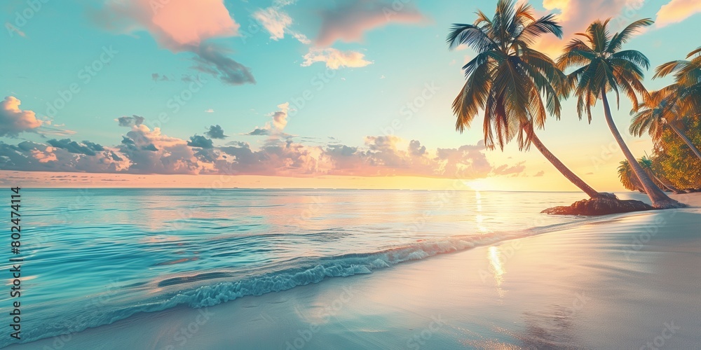 Paradise beach with palm trees and calm ocean at dawn or sunset. Panoramic banner of a peaceful landscape
