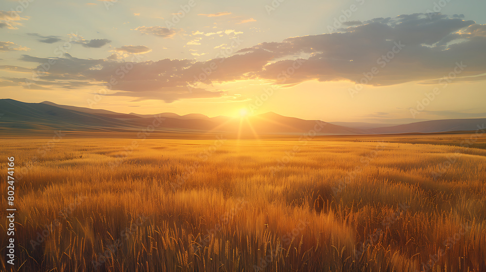 Obraz premium A mature grain field glows in warm, golden hues under the evening sun, evoking tranquility and the bountiful beauty of rural landscapes at dusk