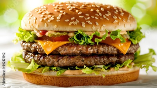 The hamburger is centered in frame with its bun adorned with lettuce and tomato slices