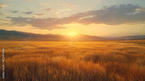 A mature grain field glows in warm, golden hues under the evening sun, evoking tranquility and the bountiful beauty of rural landscapes at dusk
