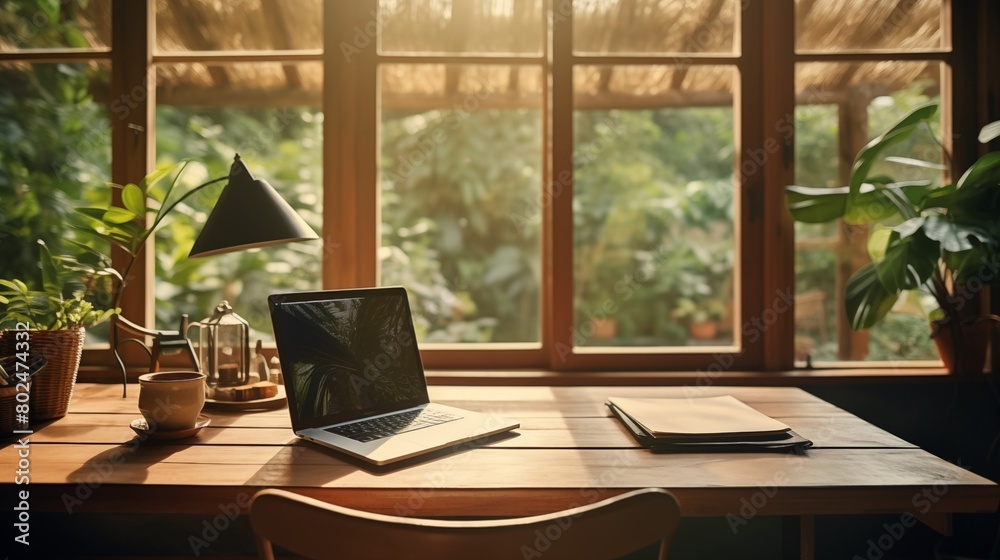 Fototapeta premium Laptop rests on a wooden table by a window overlooking a lush garden, creating a cozy and comfortable home office atmosphere.