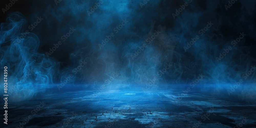 Dark background with blue glowing light and smoke on the asphalt floor