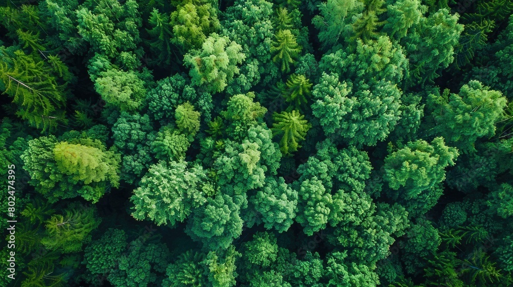 Drone's Eye View - aerial top down tree green background, Caucasus, Russia.