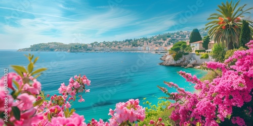 Seafront landscape with azalea flowers. French riviera, view of stunning picturesque coastal town