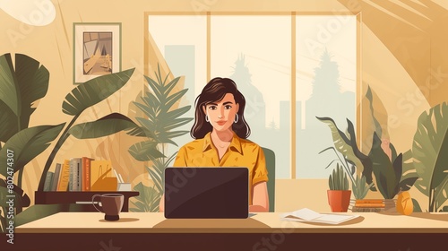 Illustration of a woman working with a computer in a comfortable and relaxed office environment, surrounded by plants and office equipment.