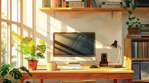 Illustration of home office with a computer on the desk, shelves of documents, plants, and office equipment amid a warm atmosphere.
