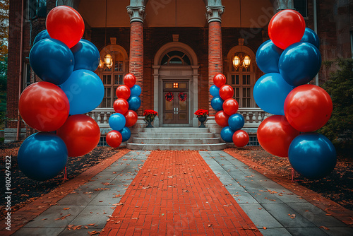 University campus decorated with balloons in the school's colors, education and graduation concept 