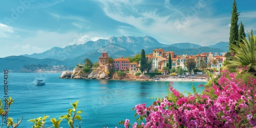 Seafront landscape with azalea flowers. French riviera, view of stunning picturesque coastal town photo