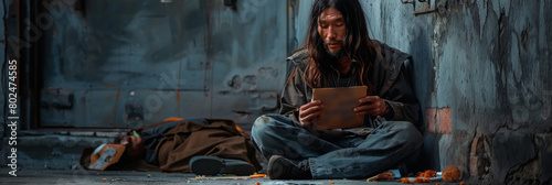 Homeless Asian Man, Long-Haired Houseless Sits Against a Wall, Holding a Sign for Help photo