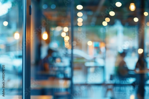 Blurred modern interior of coffee shop with glass door, blurred bokeh background photo