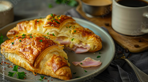 Crispy pastry filled with savory ham and melted cheese, served on a plate with a steaming mug of coffee.