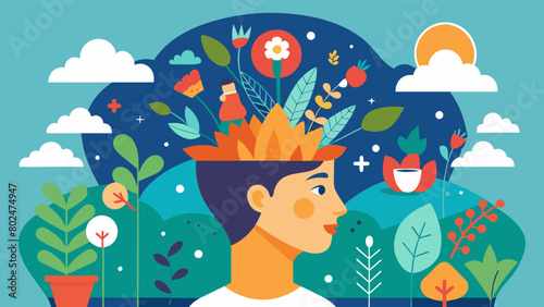 An illustration of a persons mind as a garden with different types of plants representing different thoughts and ideas some growing wild and others. Vector illustration