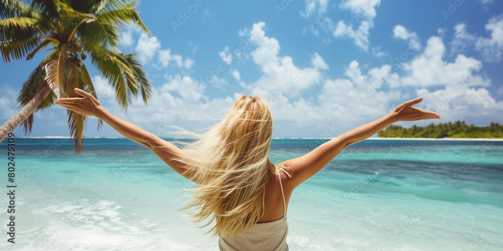 Naklejka premium Young happy blond woman at beautiful tropical paradise view of ocean enjoying summer holidays