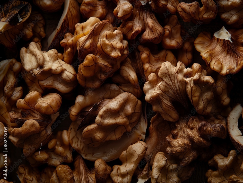 Textured close-up shot of shelled walnuts with rich detailing showcasing natural patterns.