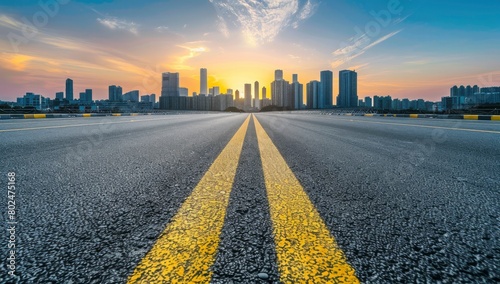 Highway road with yellow line in the middle on city skyline background at sunset