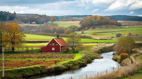 Denmark countryside farm land with river