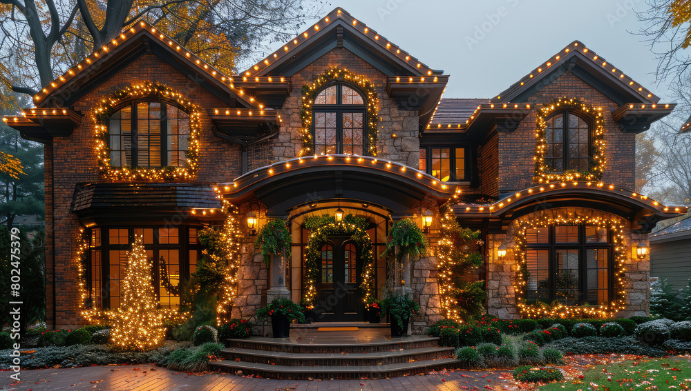 A beautifully decorated brick house with Christmas lights, showcasing the perfect blend of traditional and modern design elements. Created with Ai
