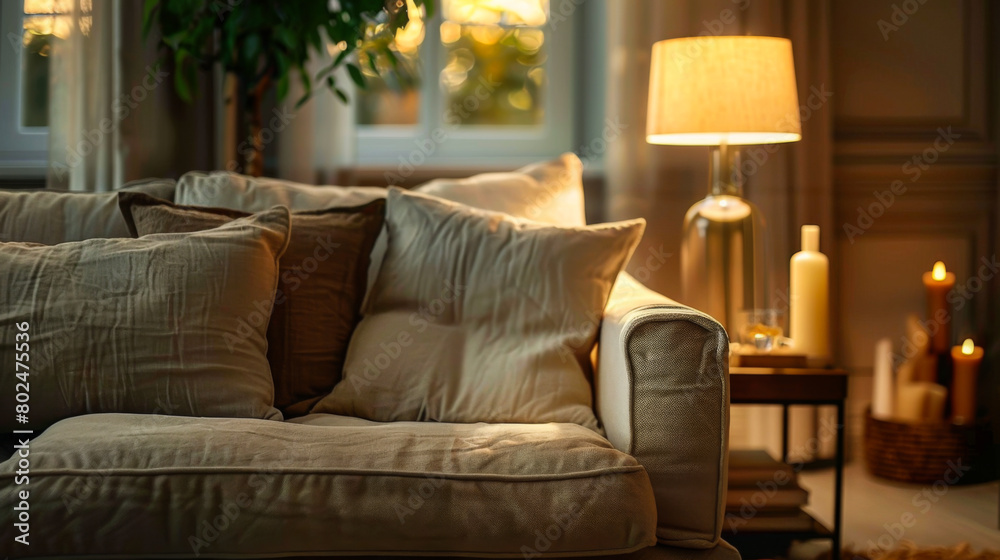Close-up of a cozy sofa with a blanket and soft sunlight. The concept of calm, comfort. Close-up of a cozy sofa with a blanket and soft sunlight. The concept of calm, comfort.